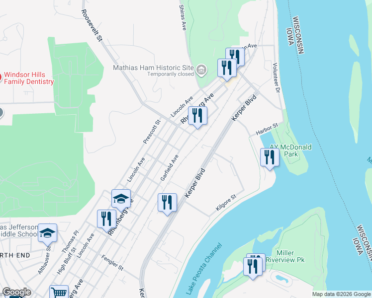 map of restaurants, bars, coffee shops, grocery stores, and more near 1888 Garfield Ave in Dubuque