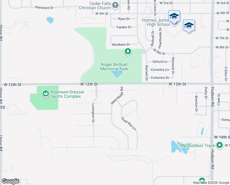 map of restaurants, bars, coffee shops, grocery stores, and more near 2812 Covey Court in Cedar Falls
