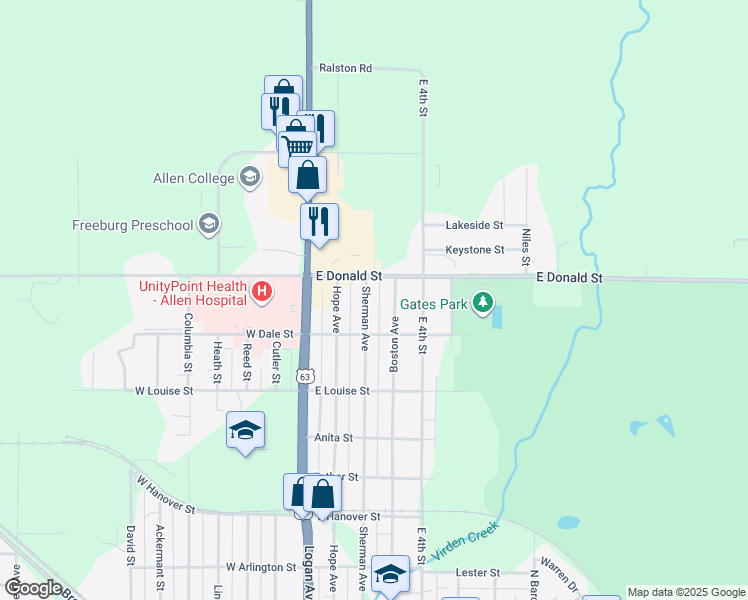 map of restaurants, bars, coffee shops, grocery stores, and more near 727 Sherman Avenue in Waterloo