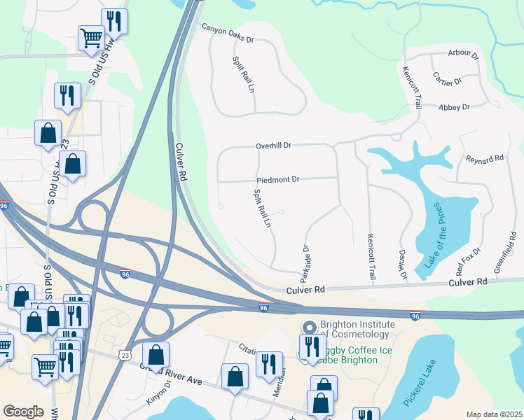map of restaurants, bars, coffee shops, grocery stores, and more near 5460 Split Rail Lane in Brighton