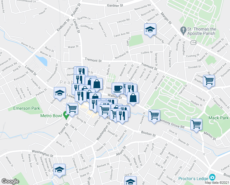 map of restaurants, bars, coffee shops, grocery stores, and more near 4 Upton Street in Peabody