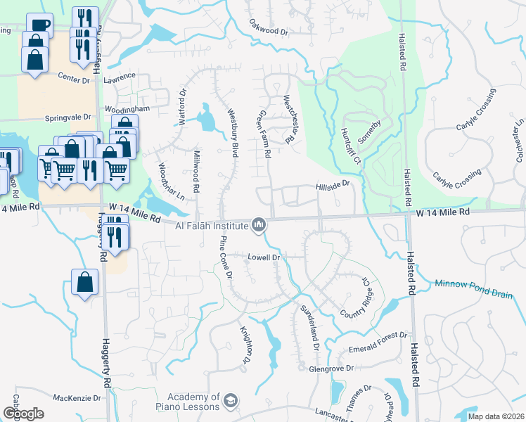 map of restaurants, bars, coffee shops, grocery stores, and more near 7450 Sauterne Street in Oakland County