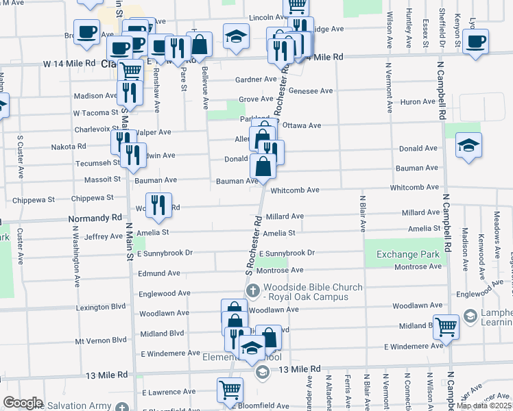 map of restaurants, bars, coffee shops, grocery stores, and more near 530 Woodside Road in Royal Oak