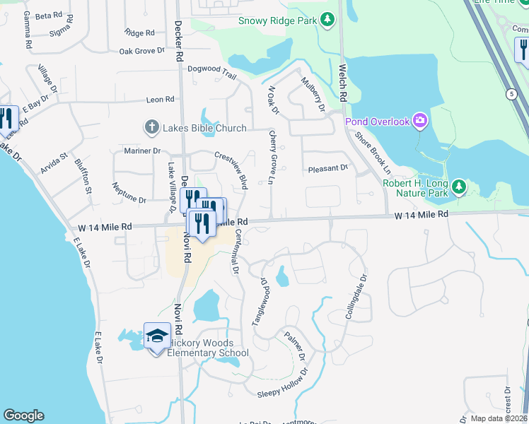 map of restaurants, bars, coffee shops, grocery stores, and more near 1880 Plumridge Court in Commerce Charter Township