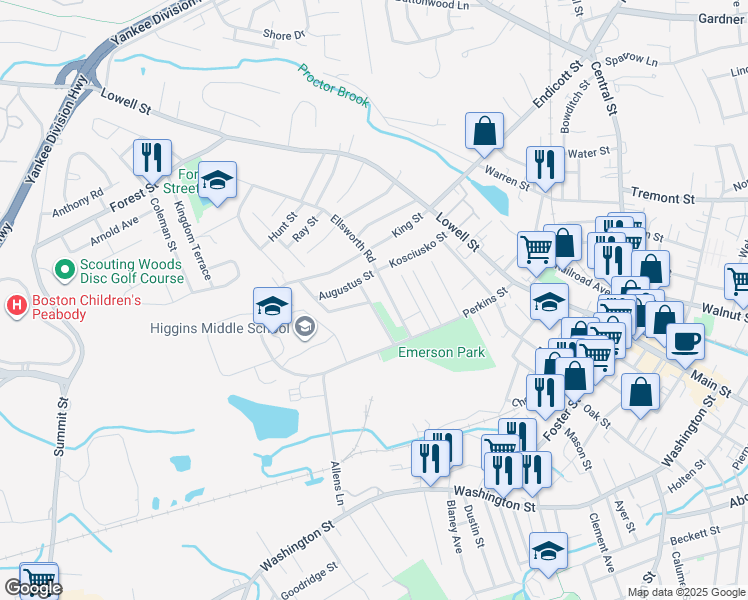 map of restaurants, bars, coffee shops, grocery stores, and more near 10 James Street in Peabody