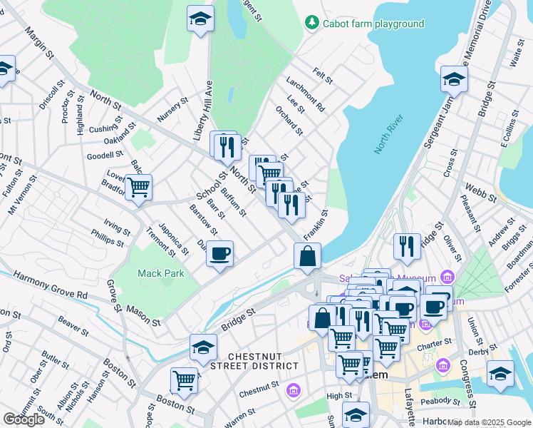 map of restaurants, bars, coffee shops, grocery stores, and more near 111 North Street in Salem