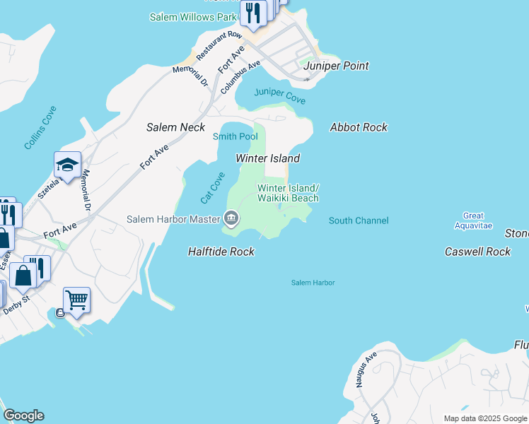 map of restaurants, bars, coffee shops, grocery stores, and more near 50 Winter Island Road in Salem