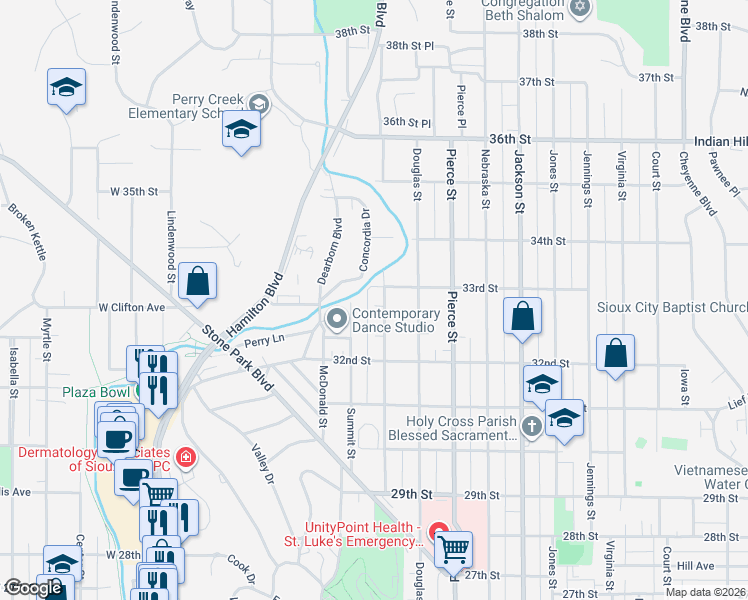 map of restaurants, bars, coffee shops, grocery stores, and more near 3236 Grandview Boulevard in Sioux City