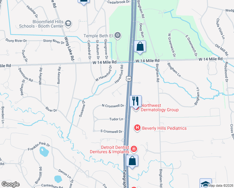 map of restaurants, bars, coffee shops, grocery stores, and more near 24517 Bloomington Drive in Franklin