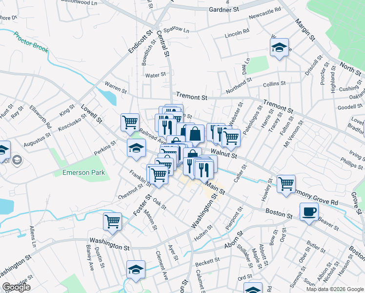 map of restaurants, bars, coffee shops, grocery stores, and more near Peabody Square in Peabody
