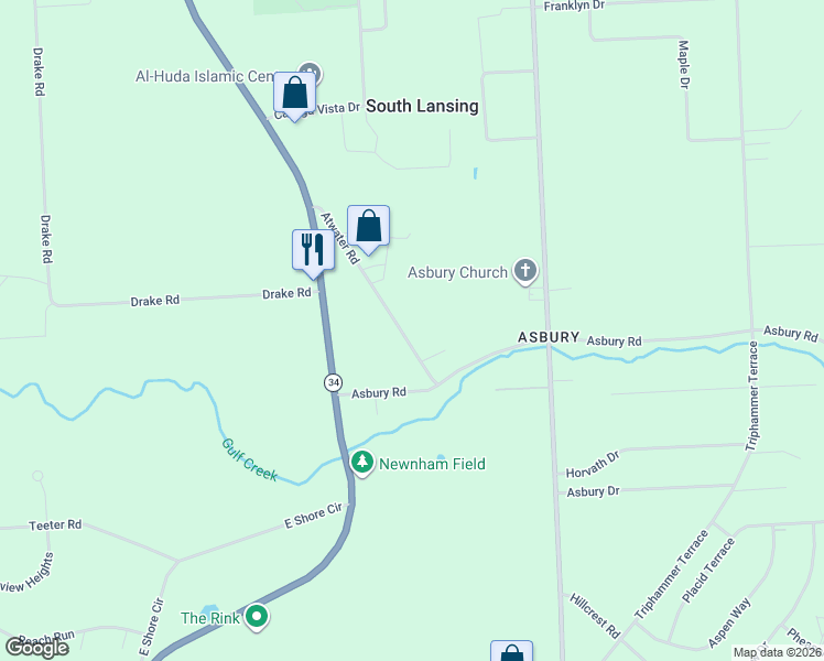 map of restaurants, bars, coffee shops, grocery stores, and more near 15 Atwater Road in Lansing