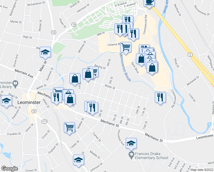 map of restaurants, bars, coffee shops, grocery stores, and more near 230 Water Street in Leominster