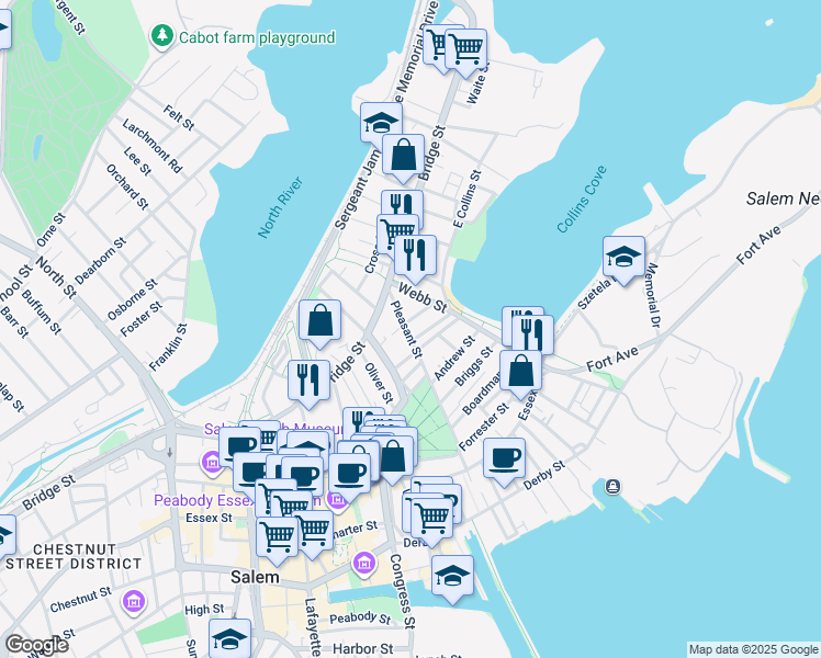map of restaurants, bars, coffee shops, grocery stores, and more near 3 Parker Court in Salem