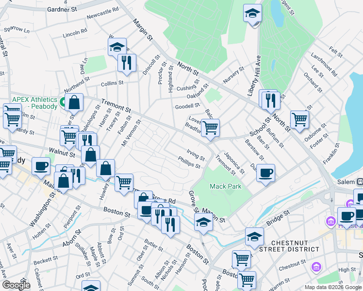 map of restaurants, bars, coffee shops, grocery stores, and more near 36 Phillips Street in Salem