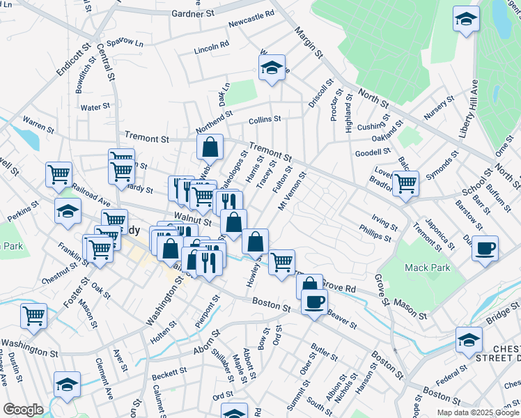 map of restaurants, bars, coffee shops, grocery stores, and more near 15 Fulton Street in Peabody