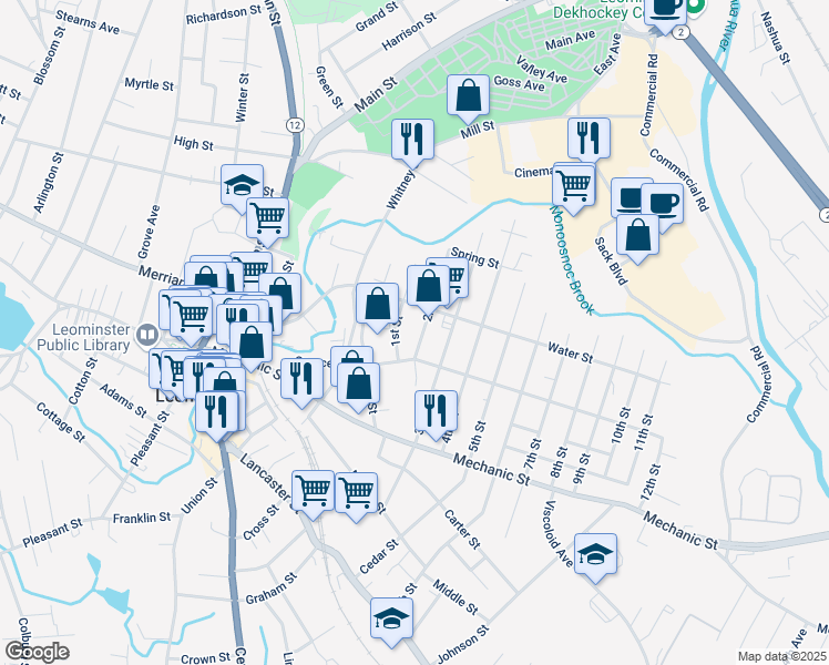 map of restaurants, bars, coffee shops, grocery stores, and more near 126 2nd Street in Leominster