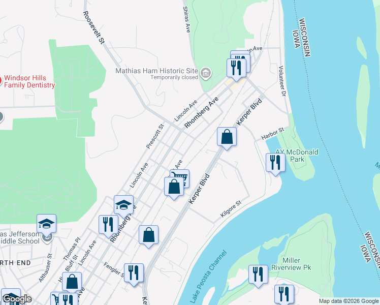 map of restaurants, bars, coffee shops, grocery stores, and more near 1888 Garfield Ave in Dubuque
