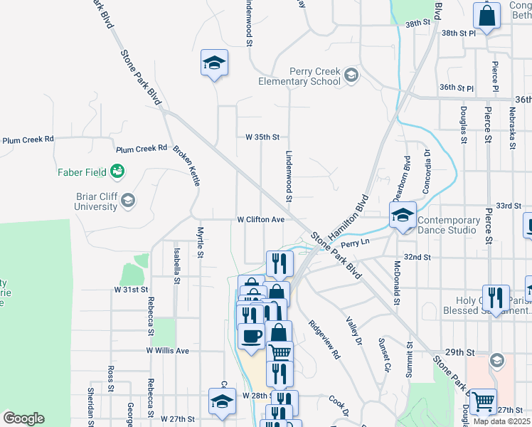 map of restaurants, bars, coffee shops, grocery stores, and more near 314 West Clifton Avenue in Sioux City