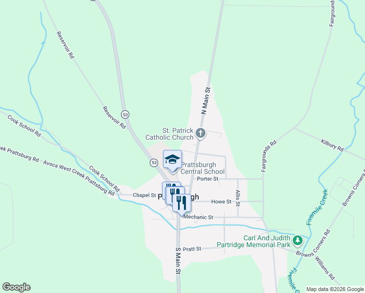 map of restaurants, bars, coffee shops, grocery stores, and more near 40 North Main Street in Prattsburgh