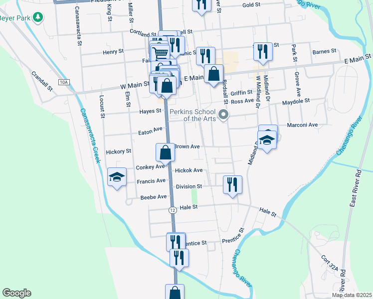 map of restaurants, bars, coffee shops, grocery stores, and more near 16 Brown Avenue in Norwich