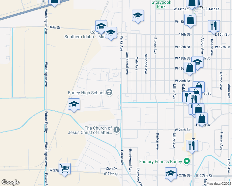 map of restaurants, bars, coffee shops, grocery stores, and more near 2100 Park Avenue in Burley