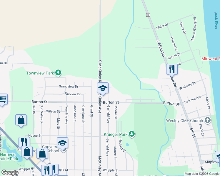 map of restaurants, bars, coffee shops, grocery stores, and more near 1951 McKinley Avenue in Beloit