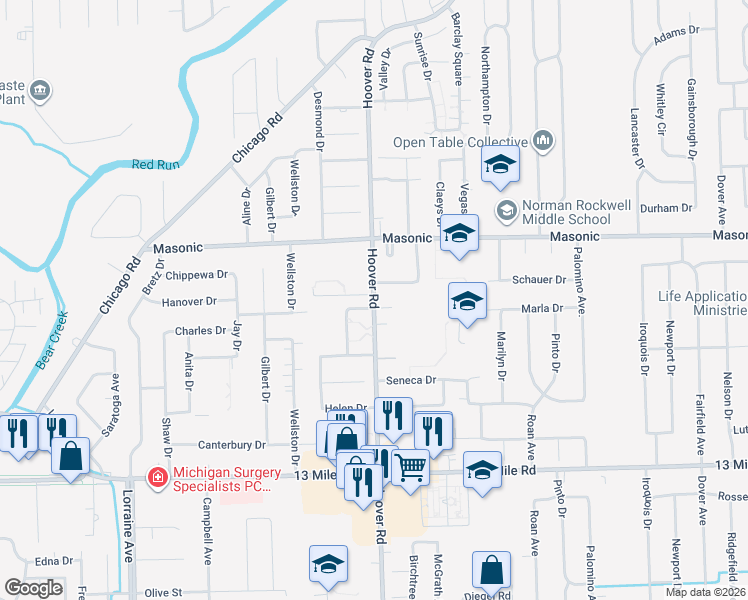 map of restaurants, bars, coffee shops, grocery stores, and more near 31555 Hoover Road in Warren