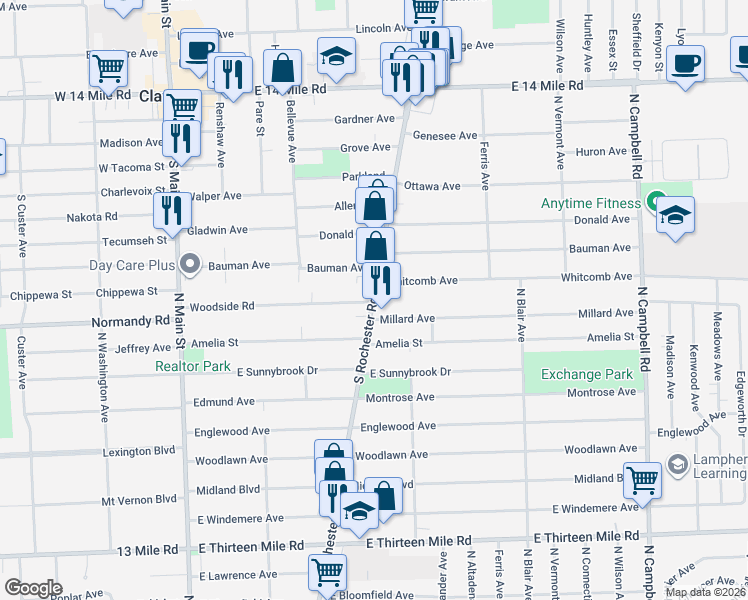 map of restaurants, bars, coffee shops, grocery stores, and more near 4210 Rochester Rd in Royal Oak