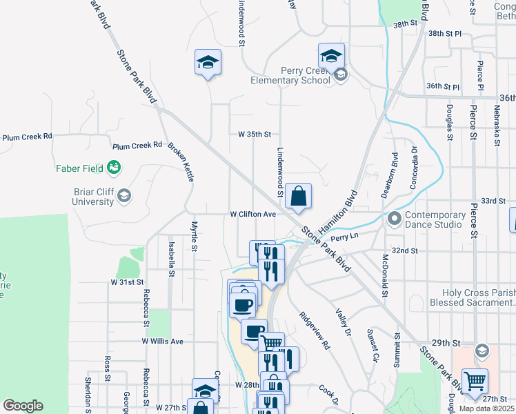 map of restaurants, bars, coffee shops, grocery stores, and more near 314 West Clifton Avenue in Sioux City