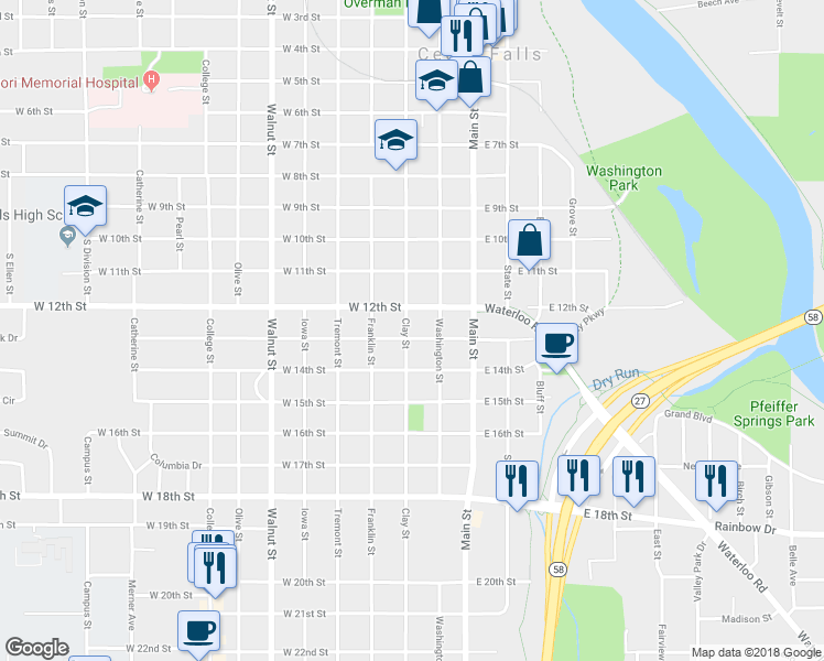 map of restaurants, bars, coffee shops, grocery stores, and more near 221 West 13th Street in Cedar Falls
