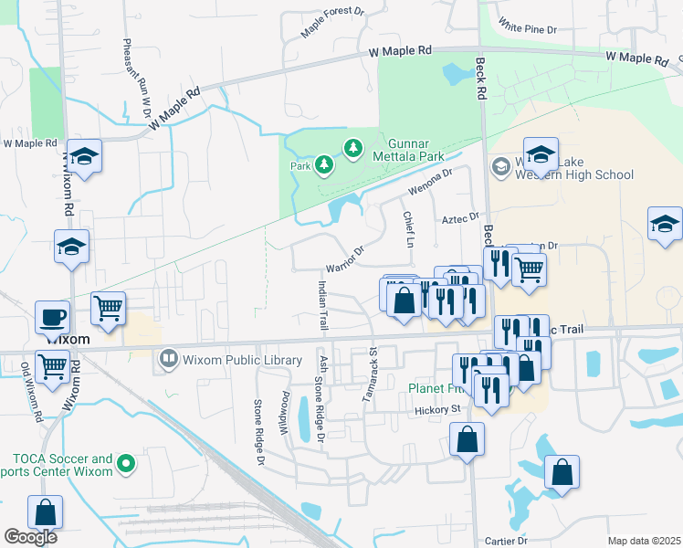 map of restaurants, bars, coffee shops, grocery stores, and more near 2799 Warrior Drive in Wixom