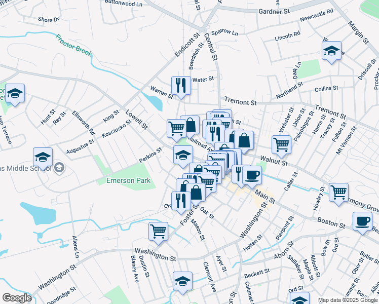 map of restaurants, bars, coffee shops, grocery stores, and more near 58 Lowell Street in Peabody