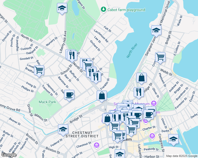 map of restaurants, bars, coffee shops, grocery stores, and more near 105 North Street in Salem