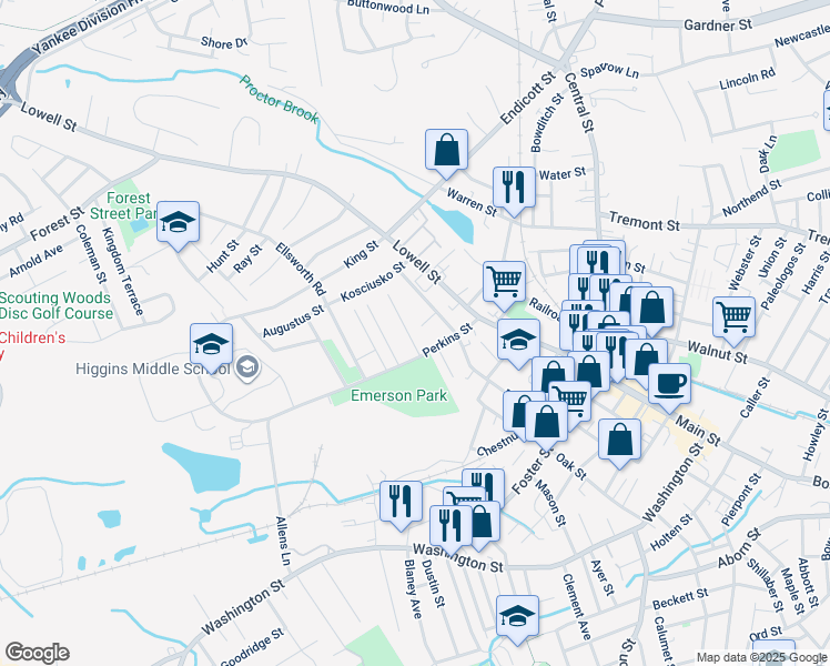 map of restaurants, bars, coffee shops, grocery stores, and more near 1 Ethel Avenue in Peabody