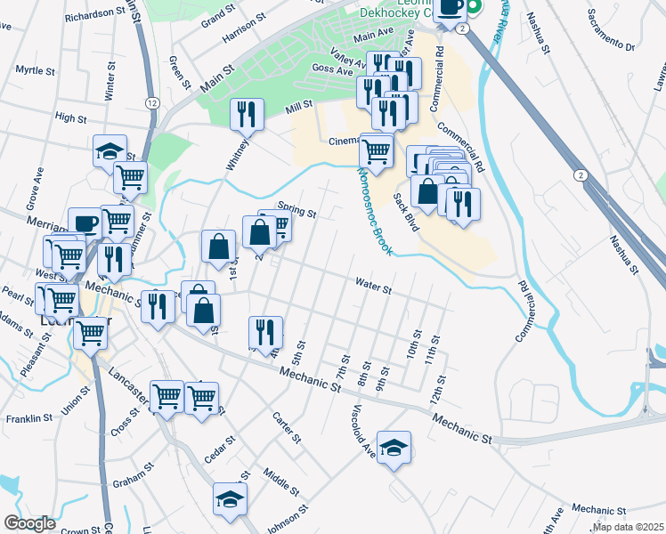 map of restaurants, bars, coffee shops, grocery stores, and more near 110 5th Street in Leominster