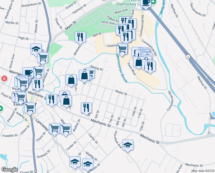 map of restaurants, bars, coffee shops, grocery stores, and more near 110 5th Street in Leominster