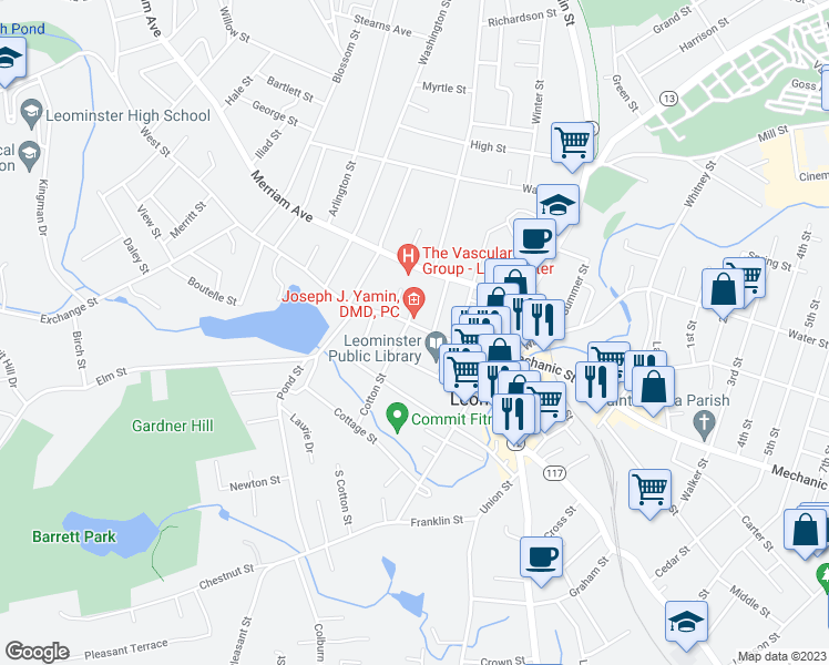 map of restaurants, bars, coffee shops, grocery stores, and more near 51 Pearl Street in Leominster
