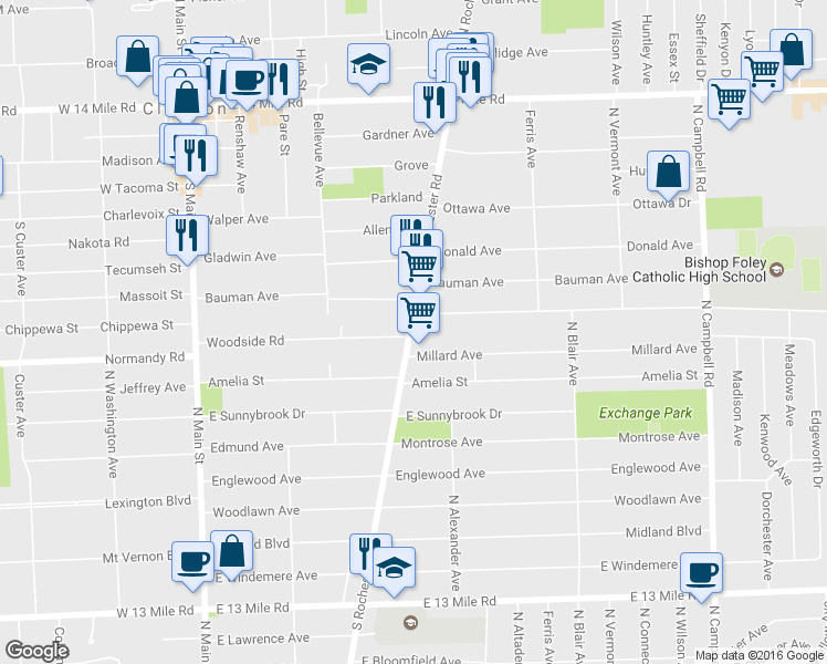 map of restaurants, bars, coffee shops, grocery stores, and more near 4210 Rochester Rd in Royal Oak
