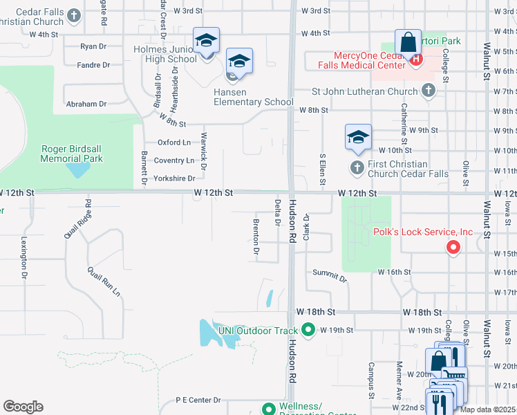 map of restaurants, bars, coffee shops, grocery stores, and more near 1304 Brenton Drive in Cedar Falls