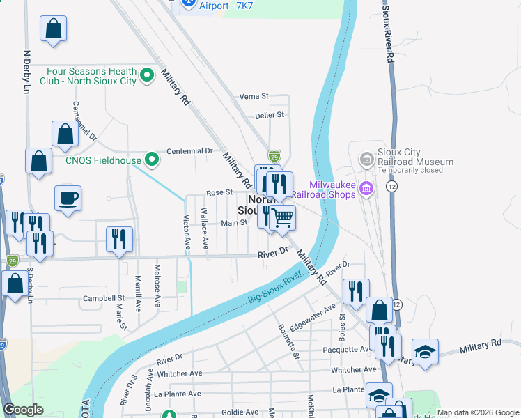 map of restaurants, bars, coffee shops, grocery stores, and more near 211 Military Road in North Sioux City