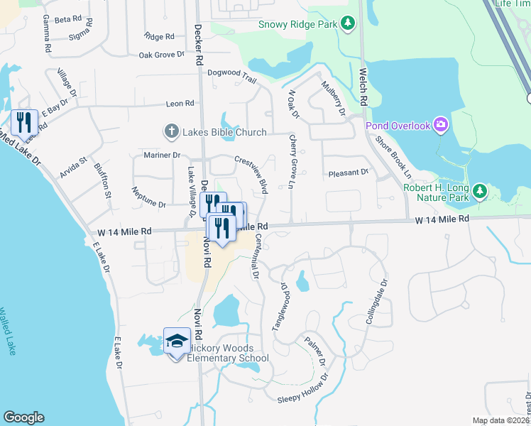 map of restaurants, bars, coffee shops, grocery stores, and more near 140 Crestview Boulevard in Commerce Charter Township