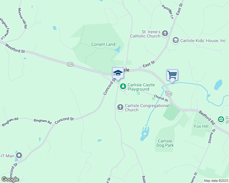 map of restaurants, bars, coffee shops, grocery stores, and more near 88 School Street in Carlisle