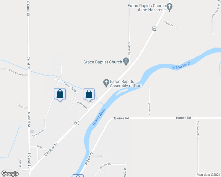 map of restaurants, bars, coffee shops, grocery stores, and more near 2755 South Michigan Road in Eaton Rapids