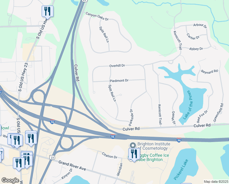 map of restaurants, bars, coffee shops, grocery stores, and more near 5460 Split Rail Drive in Brighton