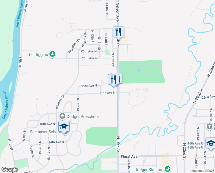 map of restaurants, bars, coffee shops, grocery stores, and more near 1485 21st Avenue North in Fort Dodge