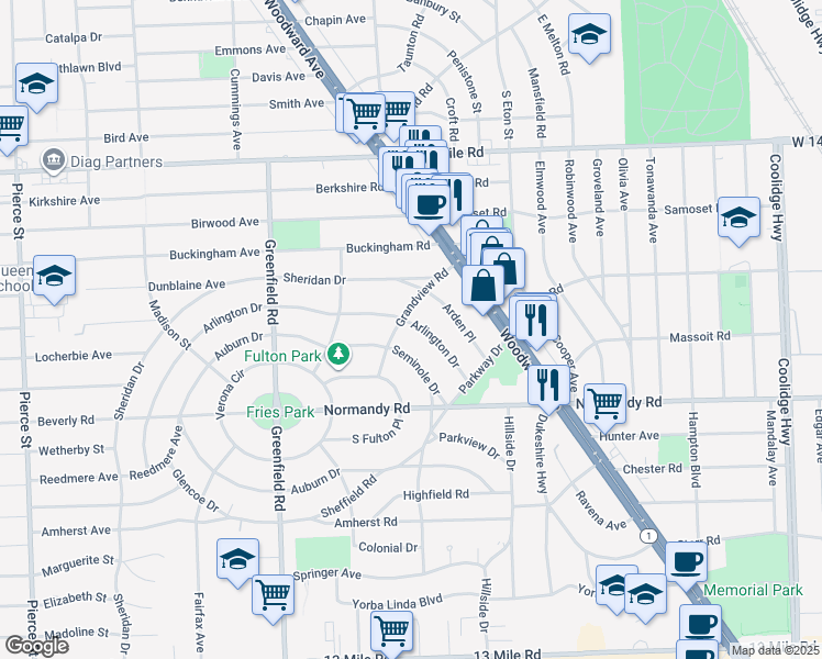 map of restaurants, bars, coffee shops, grocery stores, and more near 4181 Arlington Drive in Royal Oak