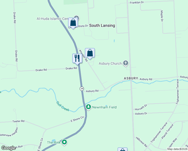 map of restaurants, bars, coffee shops, grocery stores, and more near 30-34 Atwater Road in Lansing