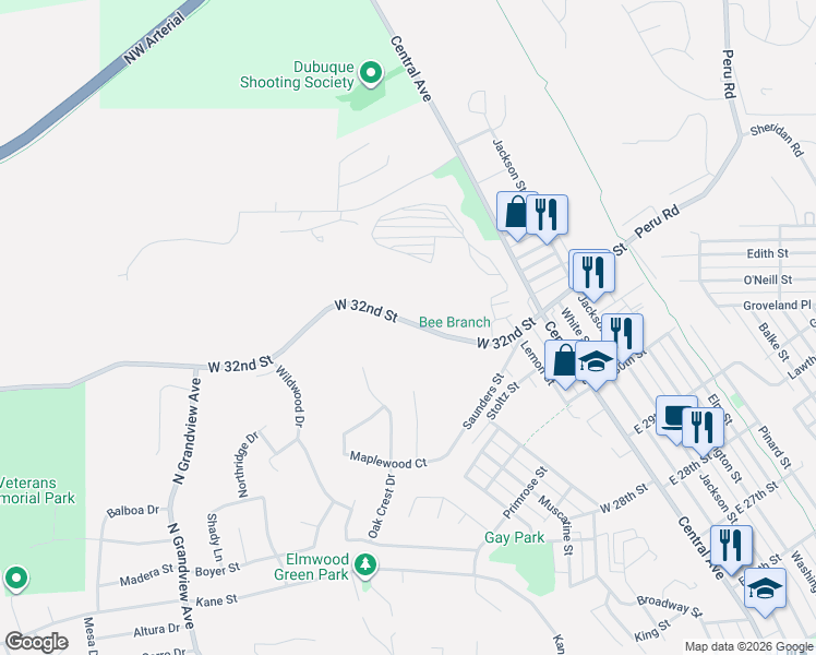 map of restaurants, bars, coffee shops, grocery stores, and more near 690 West 32nd Street in Dubuque
