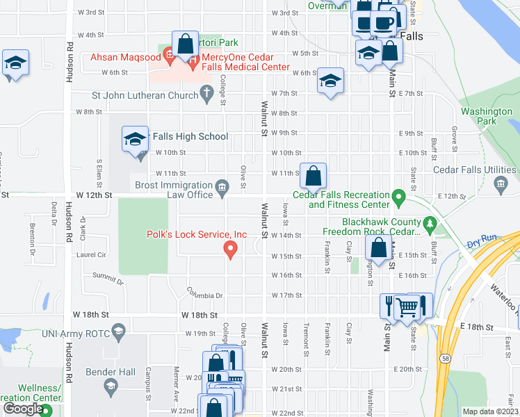 map of restaurants, bars, coffee shops, grocery stores, and more near 1215 Walnut Street in Cedar Falls