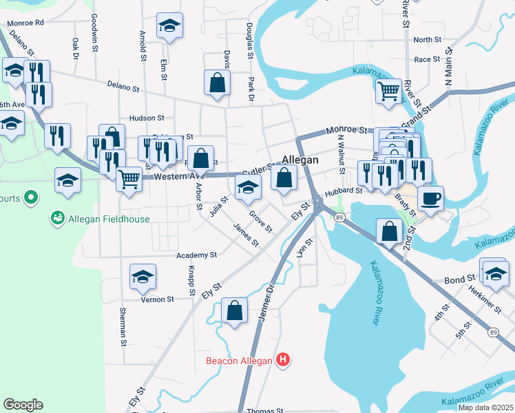 map of restaurants, bars, coffee shops, grocery stores, and more near 212 Grove Street in Allegan